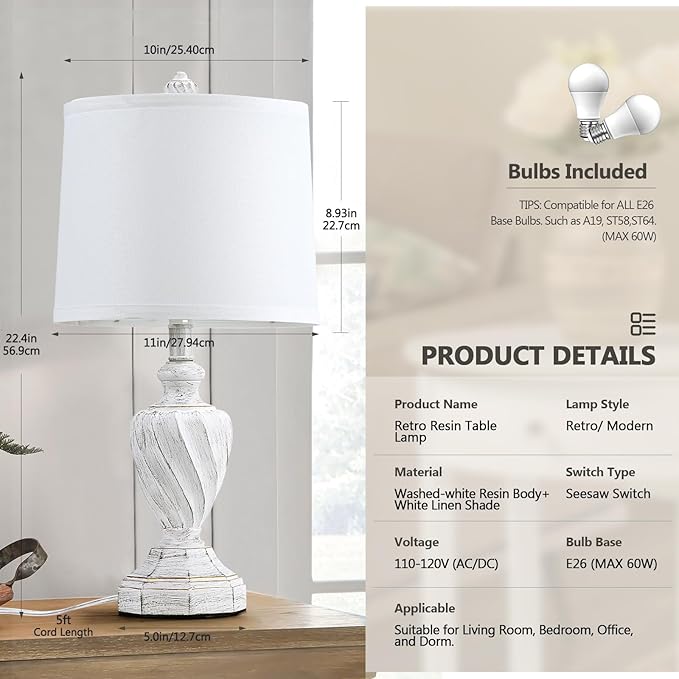 22.4" Farmhouse Table Lamps for Bedrooms Set of 2, Rustic Resin End Table Lamps for Living Room Gold Trim Base, Bedside Nightstand Lamps, Bulbs Included