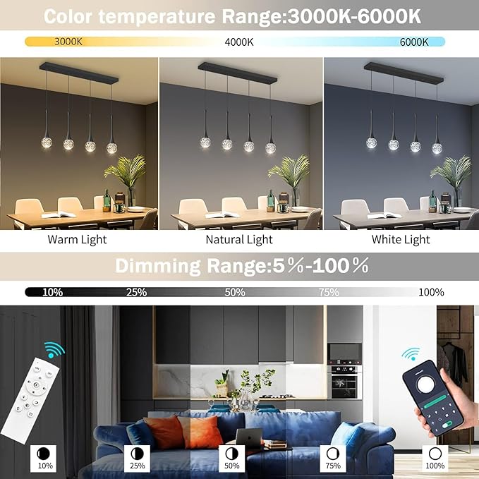 4-Lights Modern Pendant Lights for Kitchen Island LED Dimmable Crystal Glam Ceiling Pendant Lighting Chandelier for Dining Room Hallway Bedroom Black