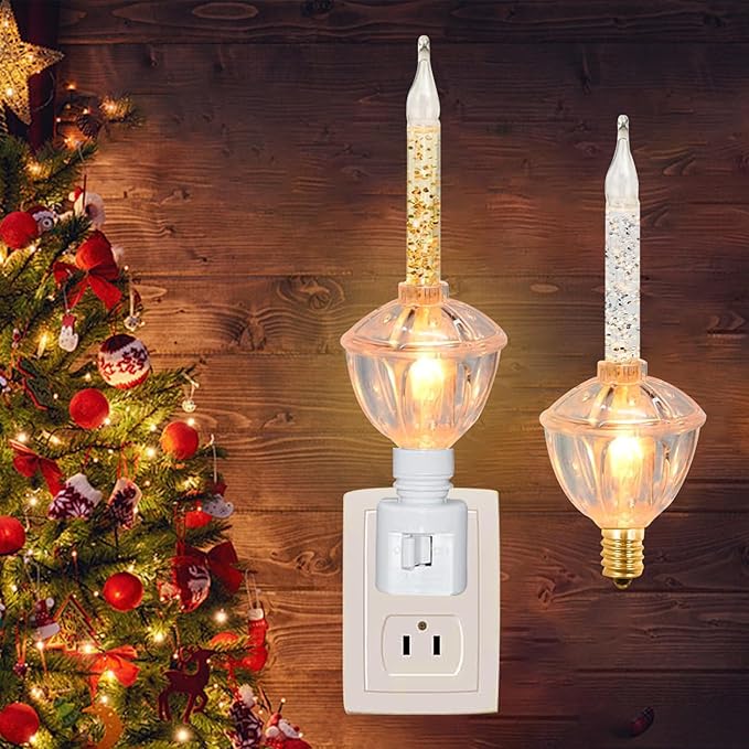 Christmas Bubble Night Light With Silver Glitter Fluid, 1 Pack, 1 Spare 5 Watt Clear Light Bulb With Gold Glitter Fluid, E12 Candelabra Base, Swivel Plug-in Base, White