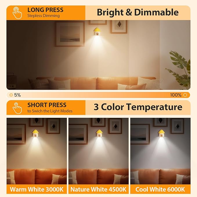 Mushroom Night Light, Cabinet Light Dimmable with 3 Color Temperature 3000/4500/6000K, Smart Motion Sensor Magnetic Rechargeable Nightlight for Kid Room, Gift Decoration, Yellow
