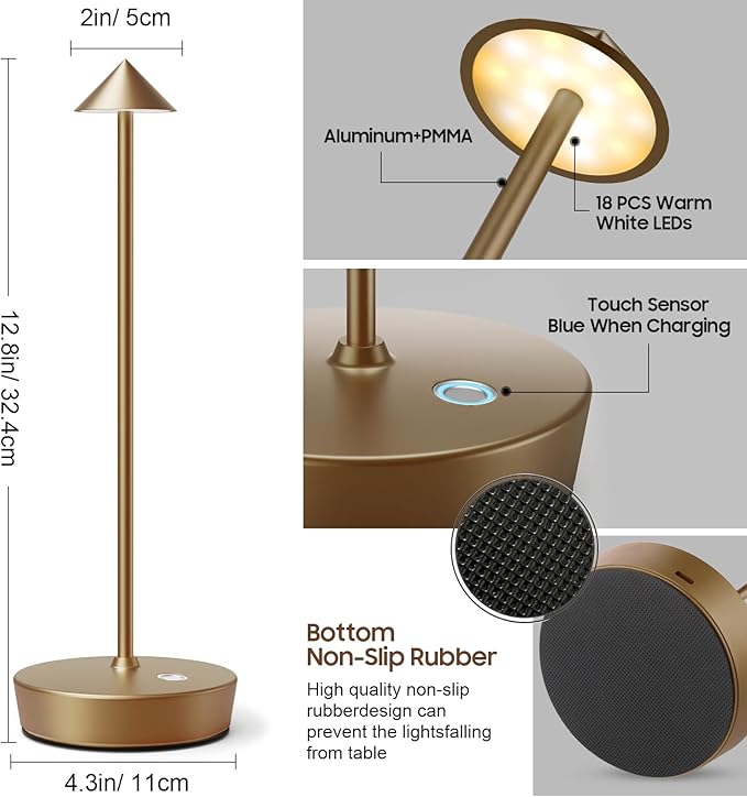 Rechargeable Cordless Table Lamp, 6000mAh LED Battery Operated Desk Lamp Touch 3 Color Stepless Dimming Portable Outdoor Waterproof Table Light for Patio/Restaurant/Dining/Home(Bronze)