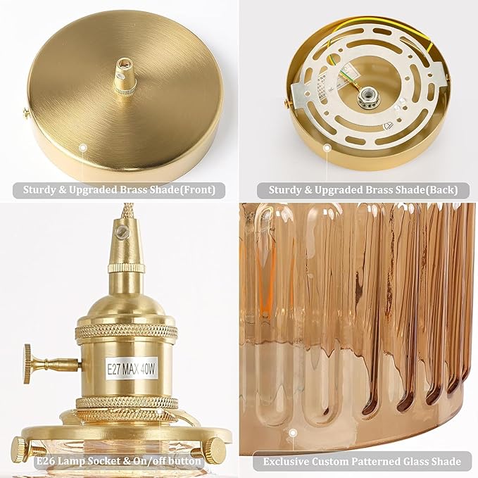Pendant Light 2 Pack with Amber Striped Glass Lmapshade, Brass Vintage Pendant Light Adjustable Hanging Light for Kitchen Island Dining Room Hallway