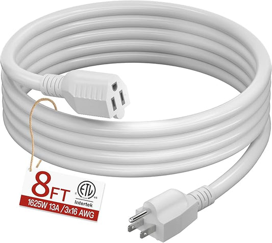 16/3 Short Extension Cord 8 FT, White Extension Cord Flexible & Durable, Indoor 3 Prong Power Cable, Suitable for Home and Office, 13 Amp 1625 Watt 125VAC 16AWG, ETL Listed