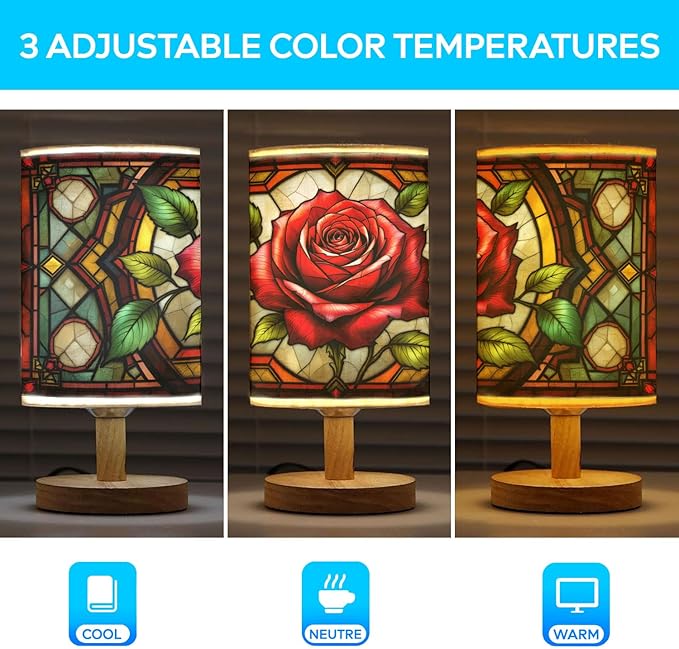 Rose Table Lamp LED 3-Color Pressed Bedside, Rose Shade Lamp with Wood Base for Bedroom Living Room Desk Office TL01