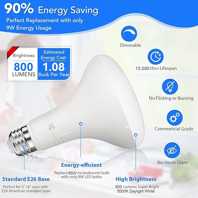 VOLIVO LED Flood Light Bulb 12 Pack, Recessed Ceiling Bulb, BR30, 65W Equivalent Efficient 9W, Dimmable, E26, Daylight White 5000K, 800 Lumens, 80CRI, Ceiling Light for Kitchen, Living Room