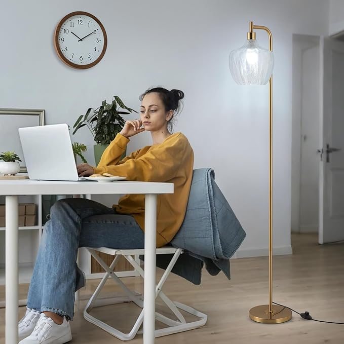 Gold Floor Lamp for Living Room, Modern Standing Lamp with Remote, Dimmable Clear Glass Tall Lamp, Mid Century Vintage Floor Lamps for Bedroom, Study Room (Clear)