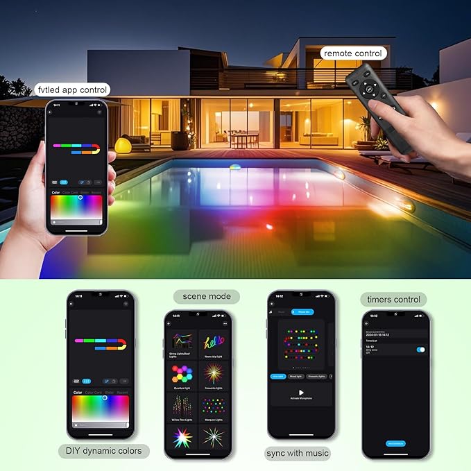 RGB+IC LED Pool Light, 5V Low Voltage Submersible Pool Light, RGB Multi Color Changing Music Sync, IP68 Waterproof Pool Lights Underwater with Remote, Wi-Fi APP Control Smart Light