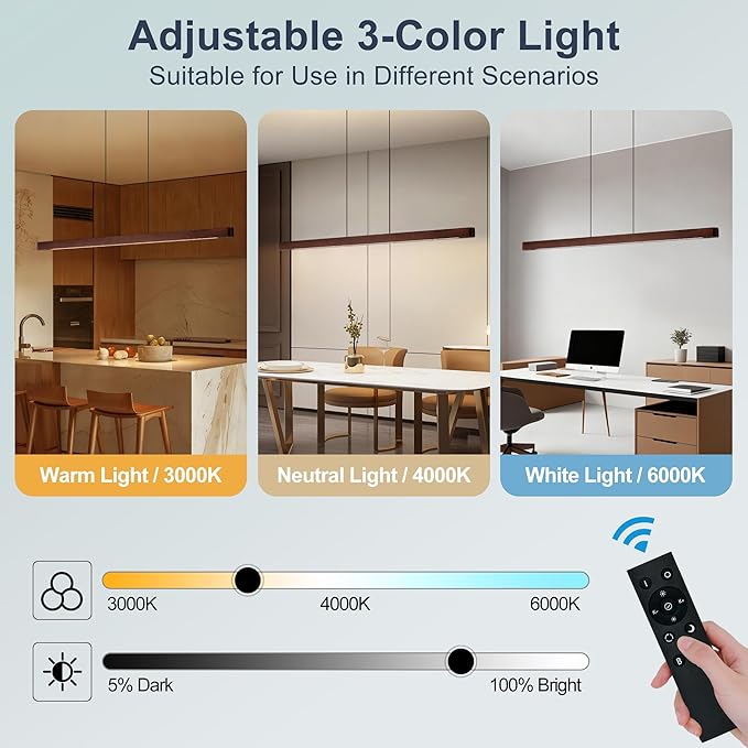 71" Wood Linear Pendant Light, Modern Pendant Lights Kitchen Island with Remote, 24W LED Wood Linear Hanging Chandelier for Dining Room, Kitchen Island, Bar, Pool Table-Walnut