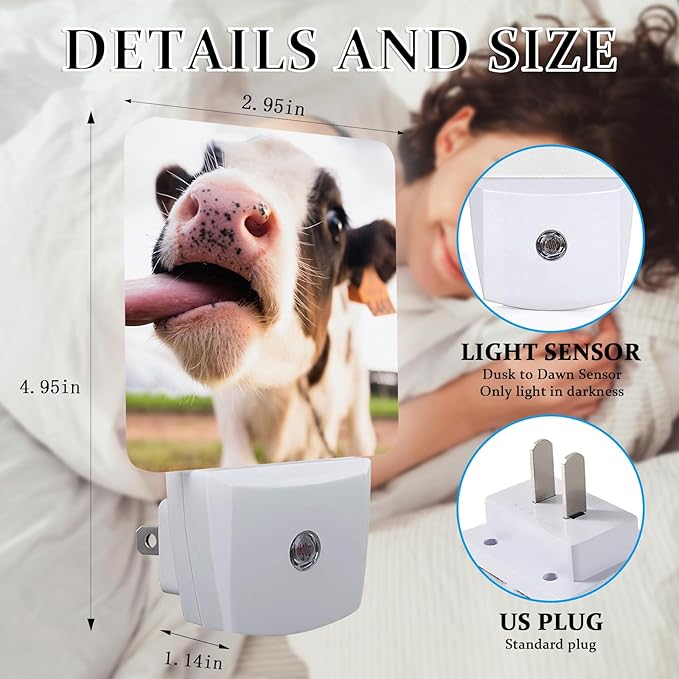 Cute Cow Night Light, Plug-into Wall Farmhouse Animals Nightlight Lamp with Dusk to Dawn Sensor, Led Lamp 0.5W Energy Efficient for Boys Girls Adults Home Decor