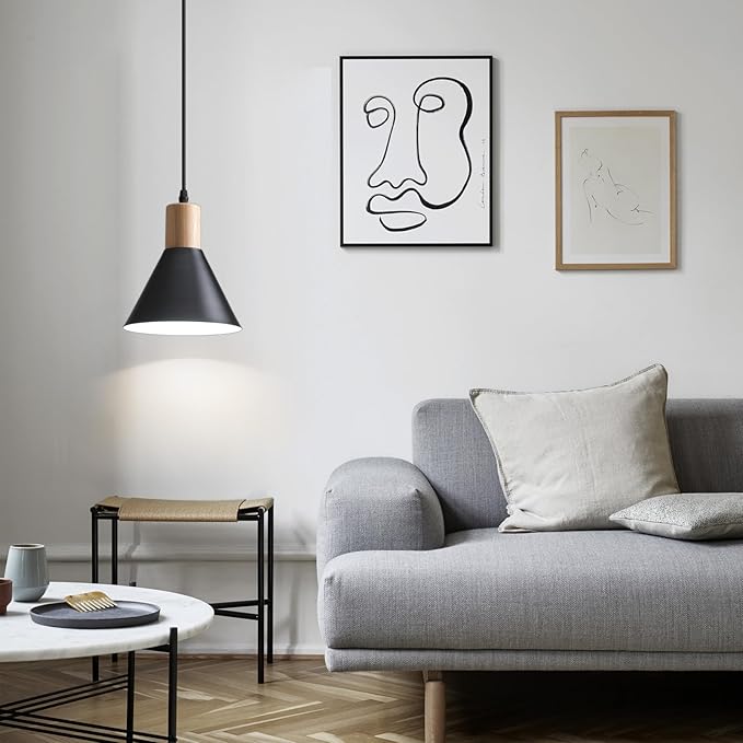 Mini Kitchen Over Island Pendant Lights, Solid Wood Ceiling Hanging Lamp, Modern Matte Black Pendant Lighting for Kitchen Island Dining Living Room Bedroom