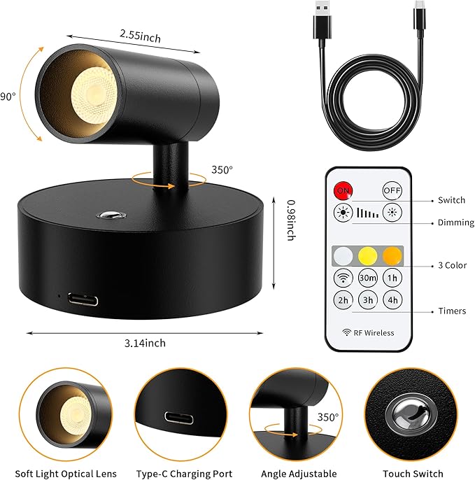 GORDNWE LED Rechargeable Spotlight Indoor, Battery Operated Spot Lights with Remote Control & Timer, Small Dimmable Wireless Wall Lamp Accent Lighting for Pictures Plant Artwork Reading Black 2 Pack