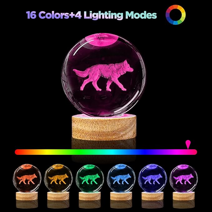 3D Wolf Crystal Ball Night Light,3.15in k9 Crystal Ball Lamp with 16 Colors Change,Wooden Base and Remote Control Wolf Figurine Statue Gifts for Kids