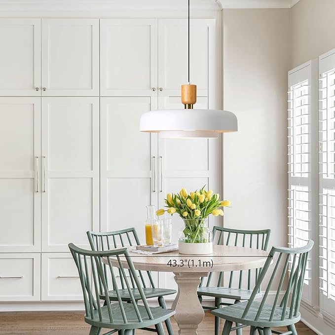 Modern Large Pendant Light 19.68 inch, 2 Tiers Matte White Shade, Natural Wood and Brass Accent, Mid Century Chandelier for Dining Room,Kitchen,Living Room