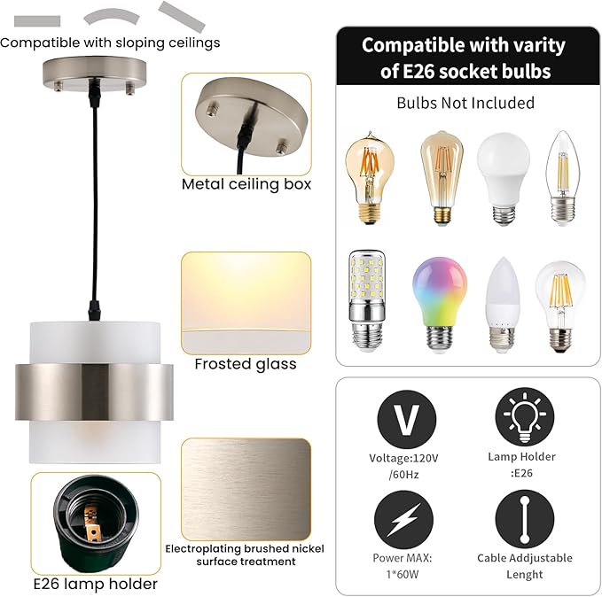 Pendant Lights Kitchen Island Lighting, 2 Pack 7 Inch Mini Glass Haning Lights for Entrance Aisle Decorative Lighting Fixture for Dining and Bar Table (Brushed Nickel with Frosted White)