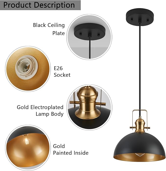 12 Inch Pendant Lights for Kitchen Island Matte Blacks Farmhouse Pendant Light fixtures Adjustable Height Dome Hanging Light for Dinning Room Bedroom Hallway,2 Packs