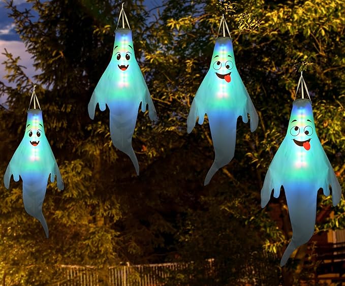 Halloween Decorations Outdoor: 2 Pcs Cute Hanging Ghosts for Tree, Porch, Garden, Yard - Waterproof Colorful LED Ghost Decor with Timer