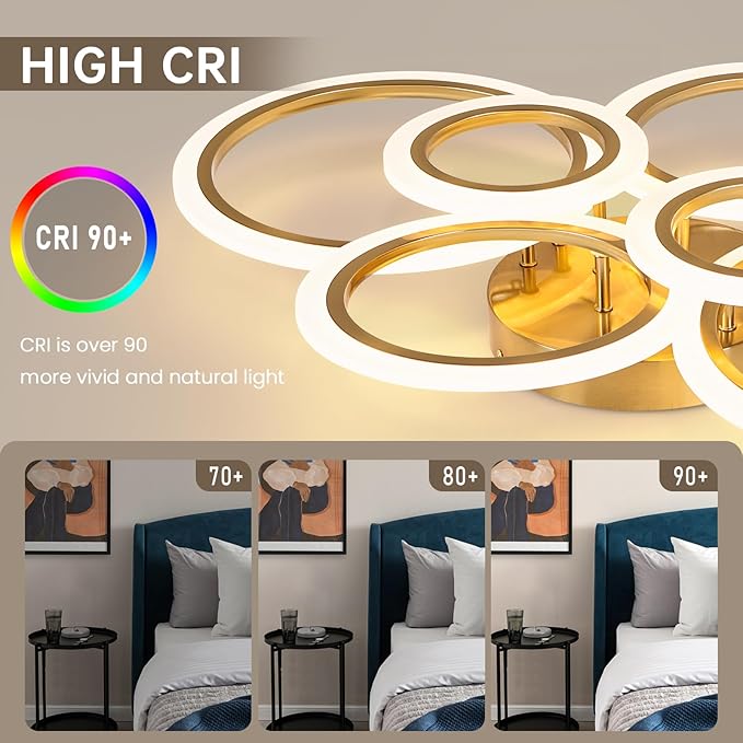 Gold Modern Flush Mount Ceiling Light,6 Rings Dimmable LED Modern Ceiling Light Fixture with Remote,Close to Ceiling Lamp for Living Room Bedroom Kitchen Lighting Fixtures Ceiling Mount