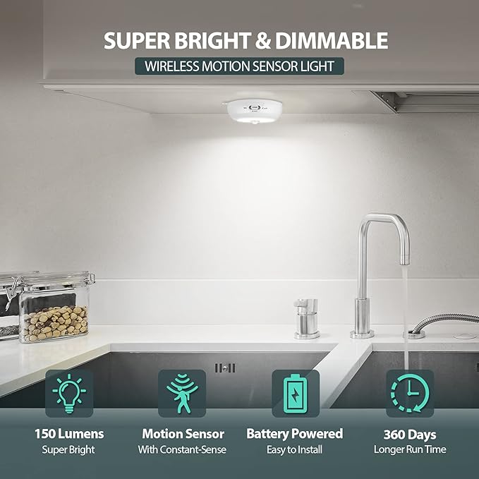 Alivation Motion Sensor Light Indoor, LED Closet Light Battery Operated, Night Light Under Cabinet Lighting, 3 AA Battery Powered, Puck Lights for Wall, Stair, Dimmable (6 Pack)