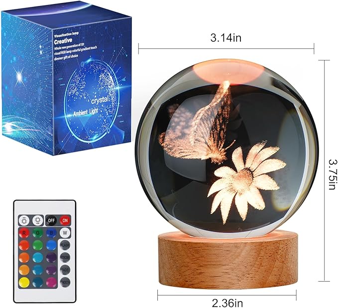 Large 3D Butterfly Crystal Ball Night Light, 16 Color Changing with Remote for Bedroom Decor, Ideal Girlfriend Gift for Teens Boys and Girls, Butterfly