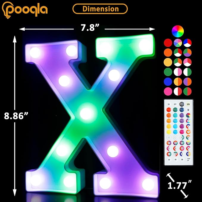Pooqla Colorful Light Up Letters with Remote, Upgraded 35 Colors LED Marquee Letters, RGB Lighted Letter for Girls Teenager Gift, Birthday, Party, Wedding, Night Light, Room, Bedroom Decor, Letter X