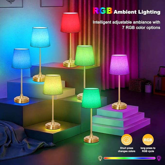 Cordless Table Lamp Rechargeable,5000mAh Battery Operated Desk Lamp,3 Colors & 7 RGB Stepless Dimmable,Touch Control Ambient Light for Bedside,Bedroom,Dining Room,Living Room,Gold,FlaxenShade