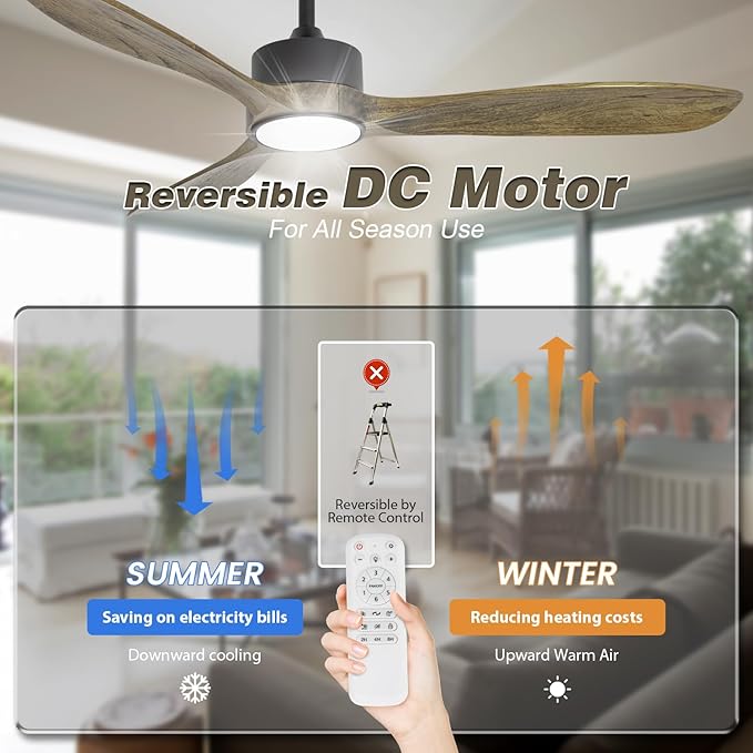 VACILL Ceiling Fans with Lights and Remote, 52inch Amber Wood Fan, 6 Speeds Silent Reversible DC Motor,3CCT LED Dimmable Light with Memory Function Indoor Outdoor Fan Farmhouse Bedroom Living Room