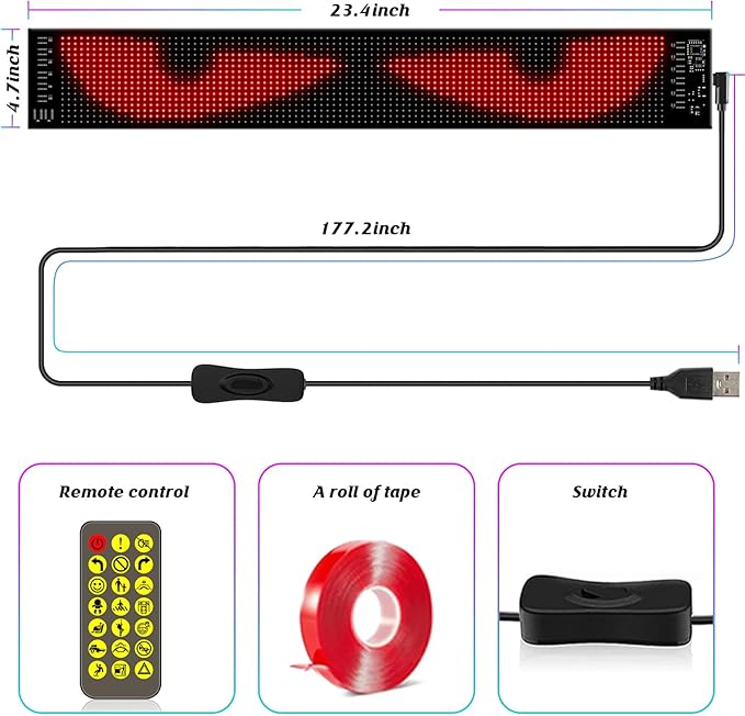 Devil's Eye:23.42"x4.72" Programmable ojos led para carro Windshield Display for Sedans, SUVs & Medium Trucks - USB-Powered LED Matrix Panel, Remote/App Control, Custom Car