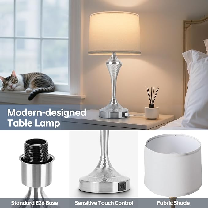 2 Pack Modern Touch Control Table Lamps with USB-C & USB-A Ports, 3-Way Dimmable Bedside Lamps, E26 Base Bulbs Included, for Bedroom Living Room, (Silver)