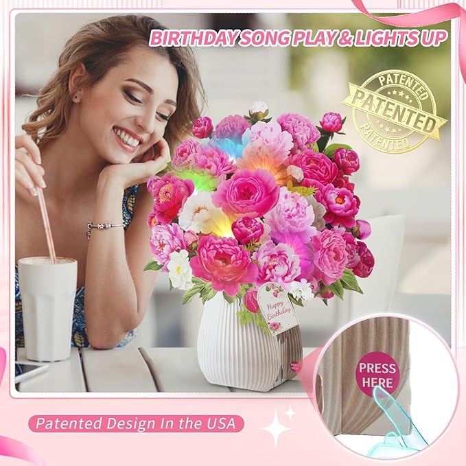 Birthday Cards with MUSIC & LIGHTS, Pop Up Happy Birthday Cards, Pink Penoy, 10 Inch Life Sized Forever Flower Bouquet Greeting Card Gifts for Women Mom Grandma