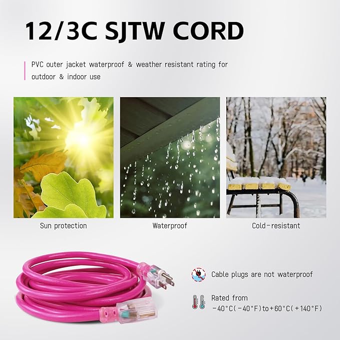 EP 25 Ft Outdoor Extension Cord, 12/3 SJTW Heavy Duty Waterproof Power Cable, 3 Prong Grounded Plug, Lighted End, for Lawn, Garden, Appliances, Pink