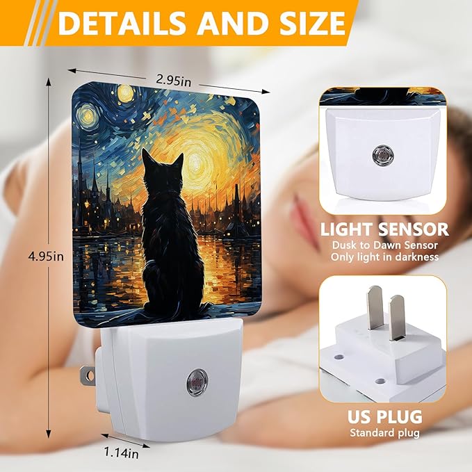 Lonely Cat Night Light, Plug-into Starry Night Nightlight White LED Lamp, Energy Efficient Decor Desk Lamp for Bedroom Hallway Stairs Bathroom