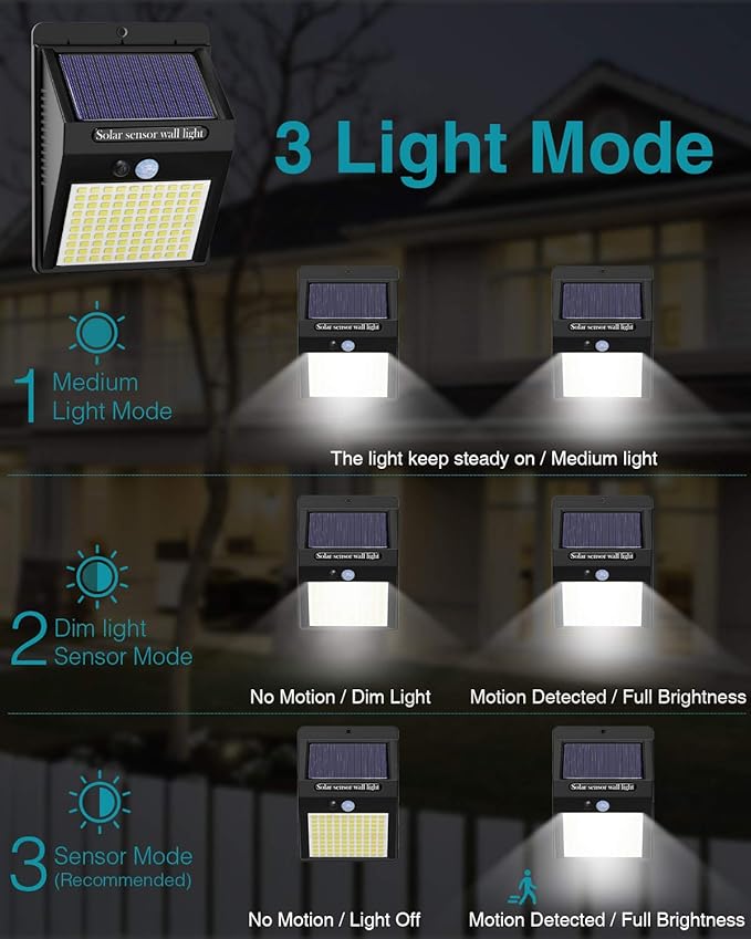 12 Pack Solar Lights Outdoor, 3 Modes/100LED Wireless IP65 Waterproof Solar Motion Lights Outdoor for Front Door, Backyard, Garage, Deck