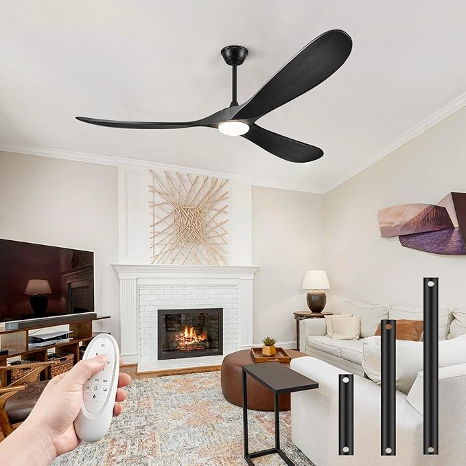 52" Outdoor Ceiling Fans with Lights and Remote Control, Wood Ceiling Fan with Lights High CFM Quiet 3 Blade Wood Walnut Fan, Propeller Ceiling Fan for Outdoor/Indoor/Patio,Matte Black