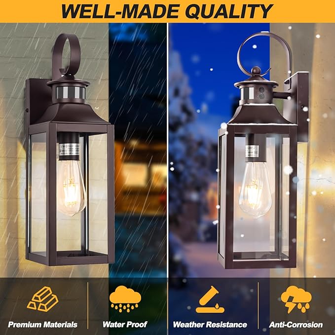 Motion Sensor Outdoor Wall Lights 2 Pack - Oil Rubbed Bronze Dusk to Dawn Light Fixtures, 16" Exterior Wall Sconces, Large Brown Outside Lamps for House, Modern Wall Lanterns