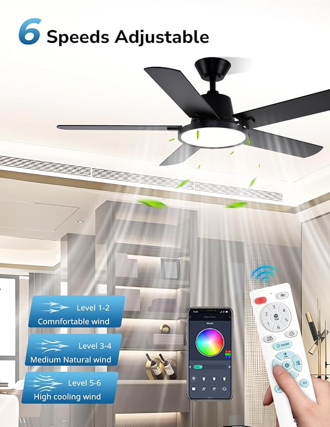 Orison Ceiling Fans with Lights, 52 inch Low Profile Ceiling Fan with RGB Backlight, Flush Mount Ceiling Fan with Remote and App Control,White Bedroom Fan, 6 Speeds, 5 Reversible Blades (Black RGB)