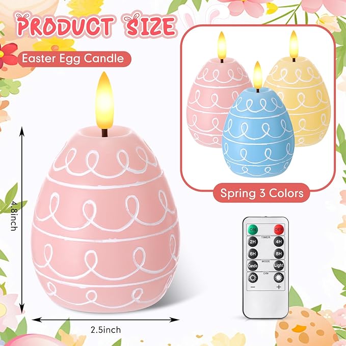 Baquler 3 Pcs Easter Egg Flameless Candles with Timer Egg Shape LED Candle Real Wax Battery Operated Flickering LED Candles Gift No Battery for Easter Party Living Room Home Decor (3 Color)