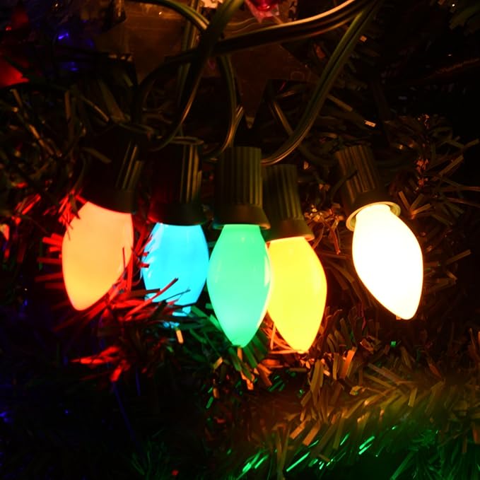 C7 LED Multicolor Christmas Lights 20Ft Outdoor String With 22 Ceramic Bulbs, Hanging Vintage Decorations for Party Indoor Outdoor, Green Wire