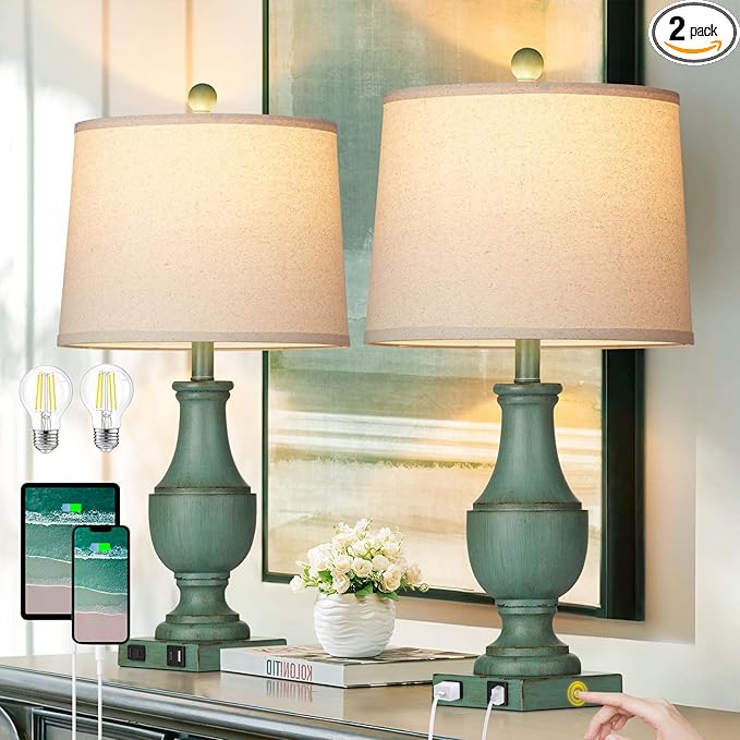Farmhouse Table Lamps for Living Room, Rustic Touch Control Bedside Lamps with USB A+C Charging Ports & AC Outlet, Vintage 3-Way Dimmable Traditional Classic Nightstand Lamp for Bedroom Office Green