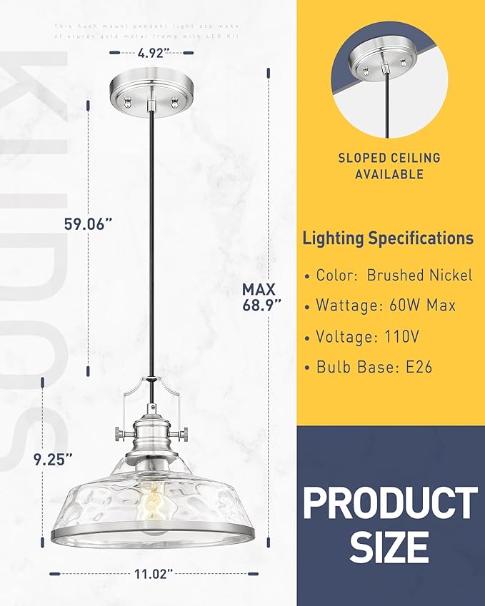 kudos Pendant Lights Kitchen Island, 11" Large Brushed Nickel Kitchen Island Lighting with Clear Hammered Glass Shade, Industrial Hanging Light Fixture for Kitchen Sink Dining Room, KDPL13-BN-H