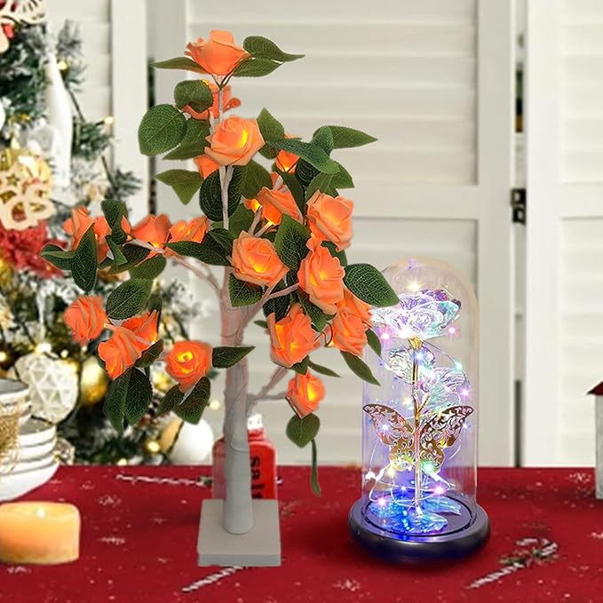 Rose Flower Tree Light for Tabletop,Mini Light up Tree Bonsai Tree with Orange Rose Flower, Decorative Tree Lamp for Fireplace Bedroom Home Party Wedding Christmas(Orange 21.6Inch)