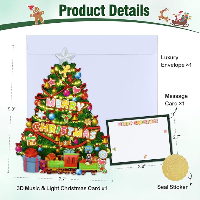 FaCraft Musical Christmas Tree Cards, 10" x 8" Handmade 3D Pop Up Christmas Card, Xmas Decoration, Easy to Stand Up, Lights Blinking Modes, with Envelope, Blank Insert and Seal, for Winter, Holidays