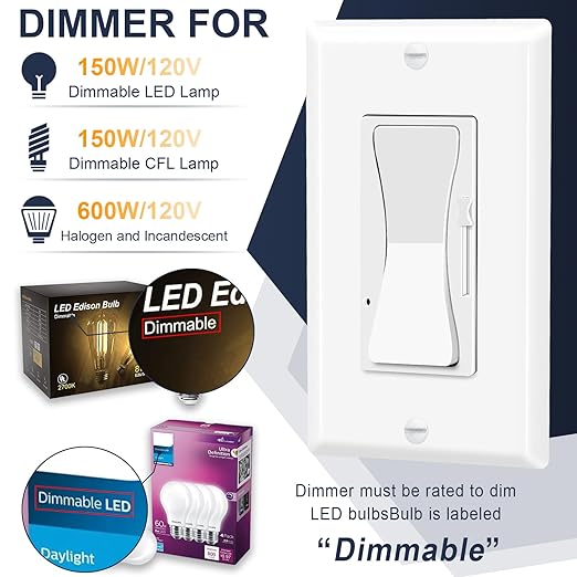Dimmer Light Switch,Greencycle 2PK Single Pole/3 Way Dimmer Switch for Dimmable 150W LED CFL Light,600W Halogen and Incandescent,15A 120V,Neutral Wire Not Required,Residential/Commercial,ETL Listed