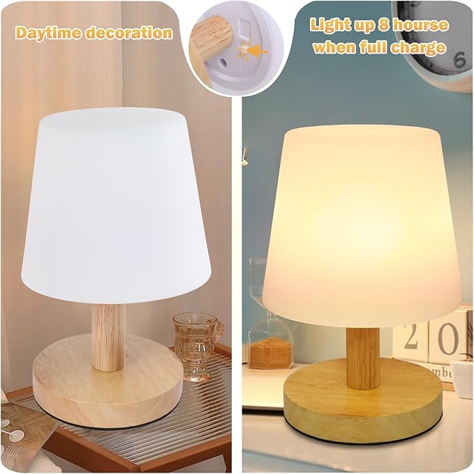 Wood Rechargeable Table Lamp Cordless, 9" Small 4000mAh Battery Table Lamps Cordless 3 Brightness Lamp, Small Cute Portable Bedside Aesthetic Lamps, Night Lights for Kids Bedroom Home Cozy Decor