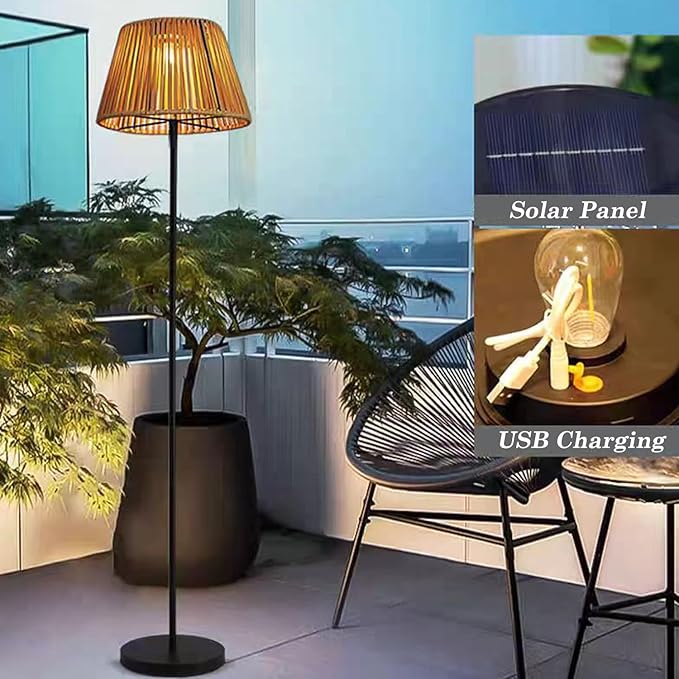 Rattan Shade Outdoor Floor Lamp,Solar Powered Wicker Standing Lamp,Waterproof Cordless Outdoor Patio Light, Modern Floor Light for Garden Yard and Porch