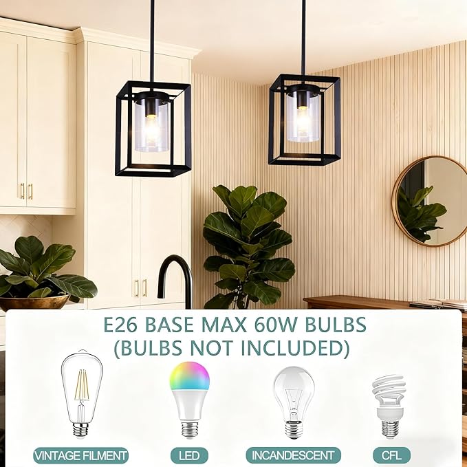 COTULIN 2 Pack Black Pendant Lights for Kitchen Island, Farmhouse 1-Light Iron Cage Metal Hanging Light with Clear Glass Shade, Industrial Lighting Fixtures for Living Room Bedroom Hallway Foyer