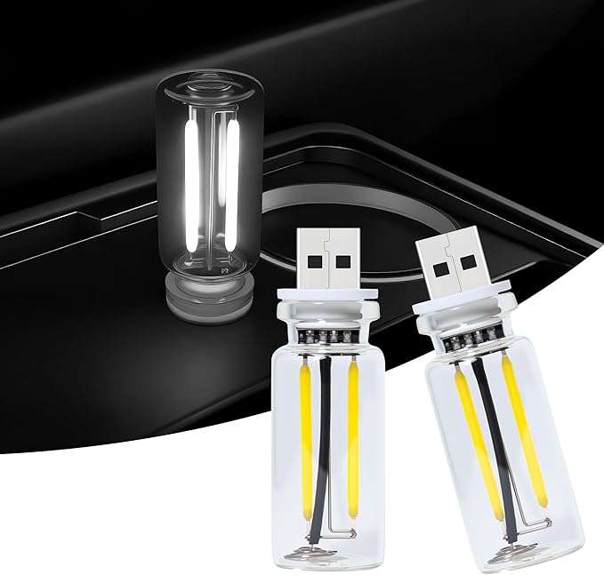 Car USB Night Light Touch Dimmable - 2-Pack Retro LED Filament Lamp for Truck Interior, Bedroom & Camping | Glass Bottle Ambiance Lighting (White)