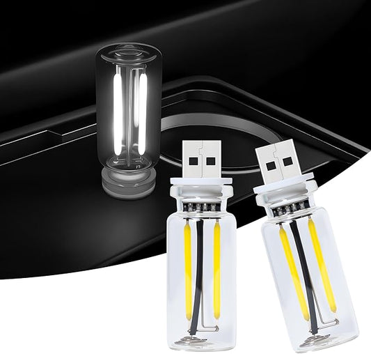 Car USB Night Light Touch Dimmable - 2-Pack Retro LED Filament Lamp for Truck Interior, Bedroom & Camping | Glass Bottle Ambiance Lighting (White)