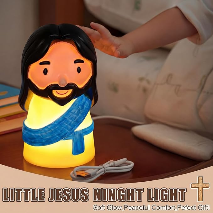 Cute Jesus Night Light, Jesus Gift, Dimmable PVC Christian Lamp, USB Rechargeable Touch Bedside Light, Baptism Favor, Easter & Religious Gifts (3 x 5 Inch)(Blue)