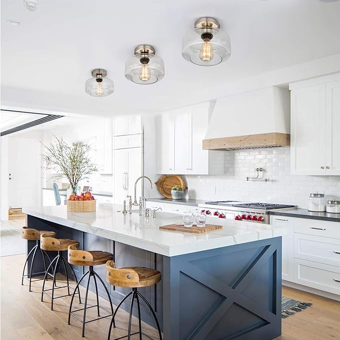 SunRider Semi Flush Mount Ceiling Light Fixtures, Brushed Nickel Industrial Seeded Glass Lamp, Silver Ceiling Light for Kitchen Hallway Porch Bedroom