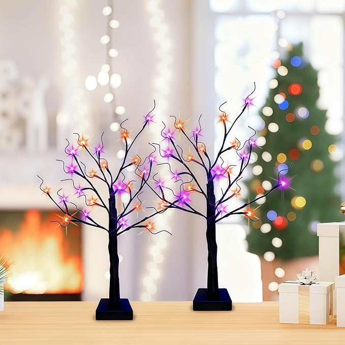 2-Pack Lighted Halloween Christmas Fall Tree Decorations Indoor, 2ft Black Birch Tree with LED Lights, Small Tabletop Christmas tree with lights, Warm White Battery- Powered Fairy Light Spirit